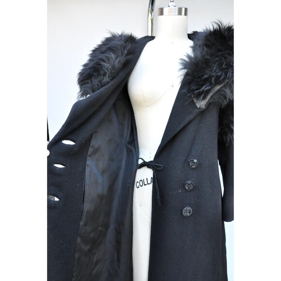 Vintage Wool Coat w/ Huge Fox Fur Collar & Fur on Sleeves Goth Steampunk 80s XS - Picture 5 of 10